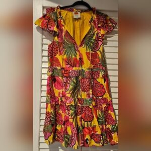 Farm Rio Yellow fruit dream ruffle mini dress, Size XS